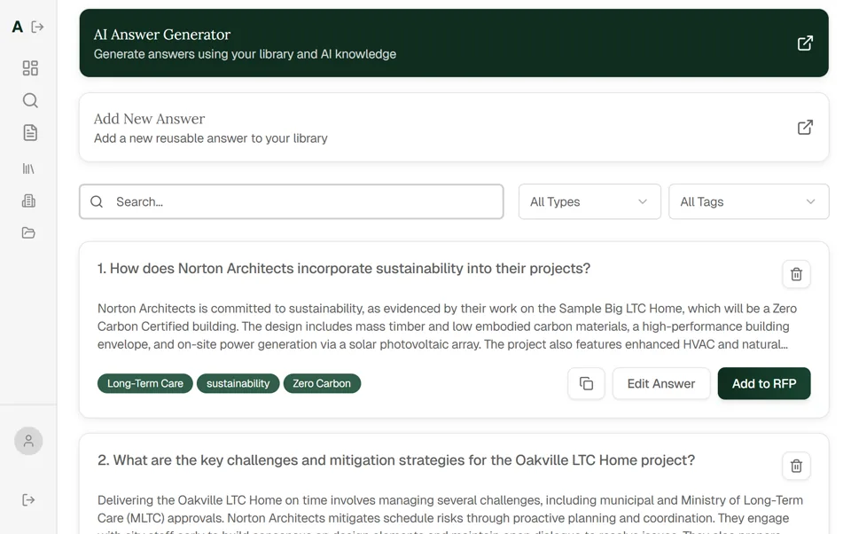 Answer Library listing reusable proposal answers with tags and search