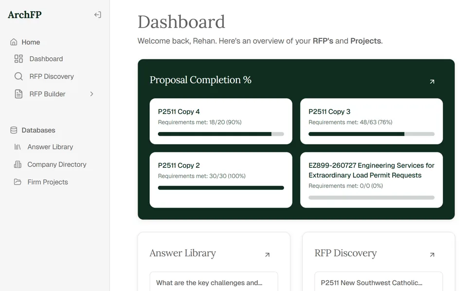 ArchFP dashboard with active RFPs, upcoming deadlines and team assignments